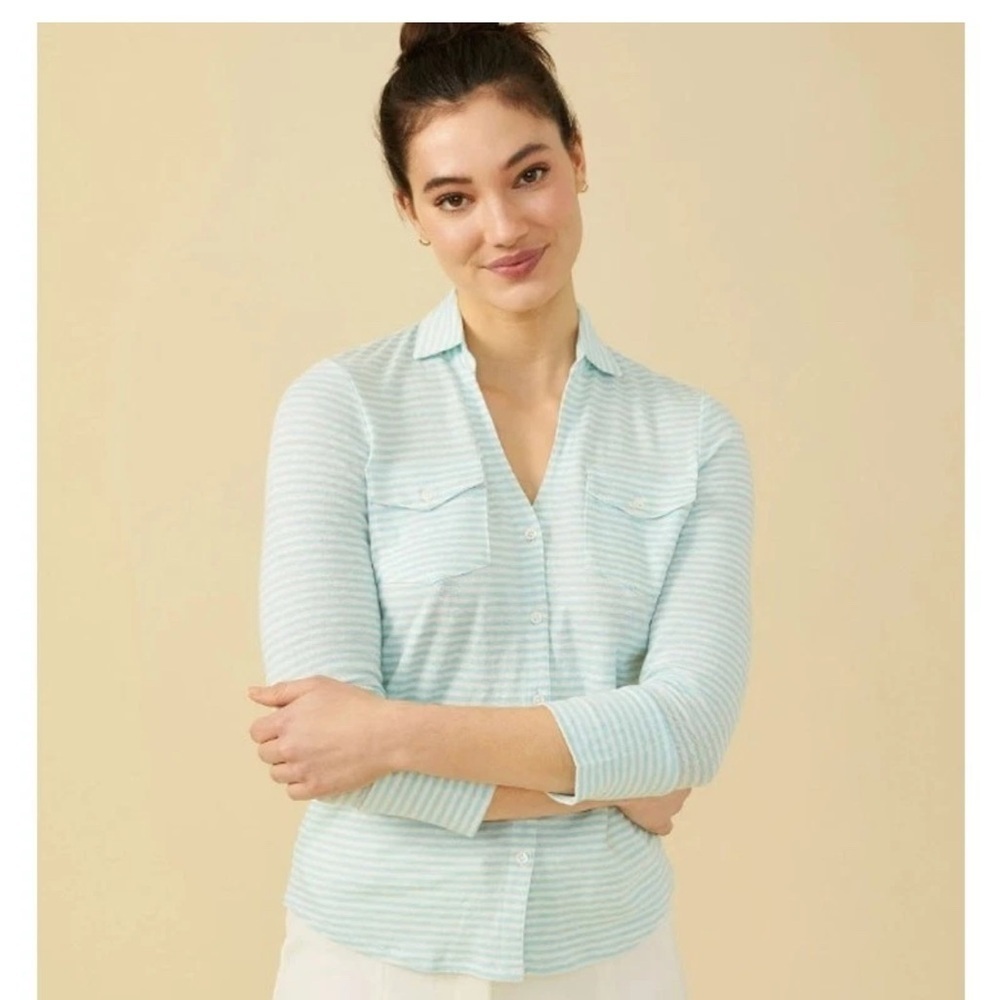 J McLaughlin Brynn Linen Shirt Stripe Button Down Top Size M